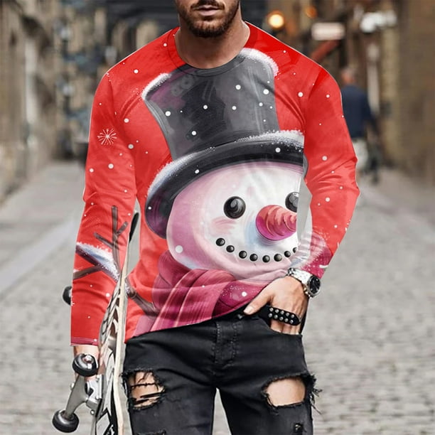 Blusas y camisas de manga larga y cuello redondo para hombre, informales, a la moda, con estampado navideño, cuello redondo, blusas de licra de manga larga para hombre.