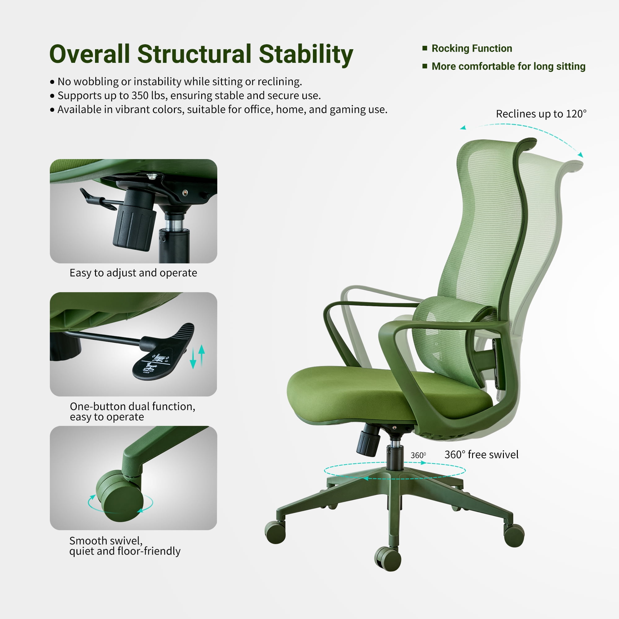 High Back Ergonomic Mesh Office Chair 350LBS,7-Level Adjustable Aluminum Lumbar Support,Fireproof Molded Foam Rocking Computer Desk Chair for Home Office