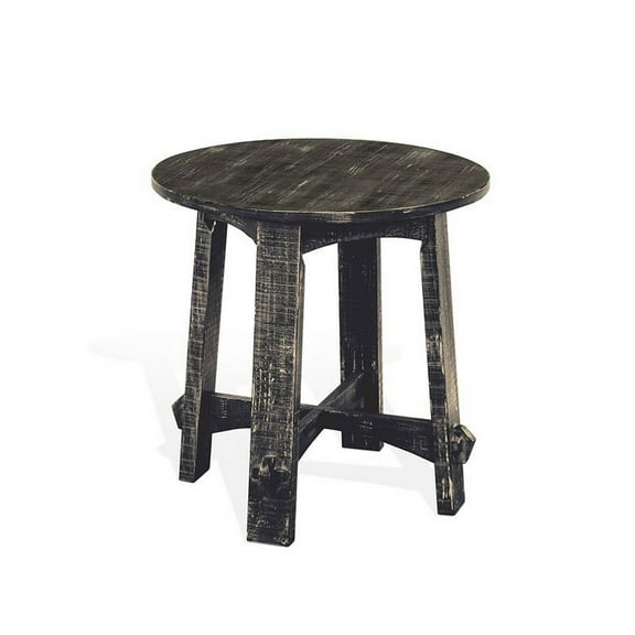 Rena Side End Table, X Legs, 24in Round, Distressed Rustic Black Wood