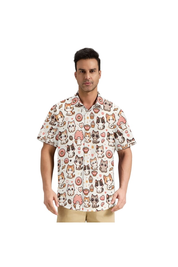 Men's Casual Button Down Shirts Short Sleeve Summer Hawaiian Beach Shirt, Cartoon Cats and Dessert