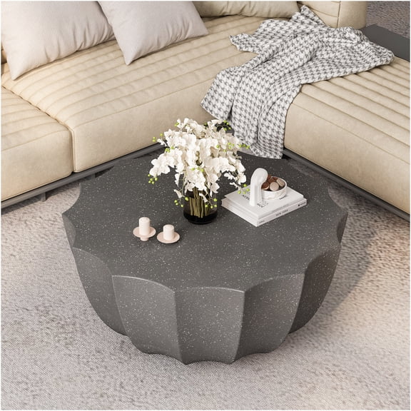 JERFIT 35.4 Inch Modern Outdoor Indoor Cement Coffee Table, Waterproof Round Patio Table for Garden Backyard Terrace Living Room, 220lbs Capacity, Grey