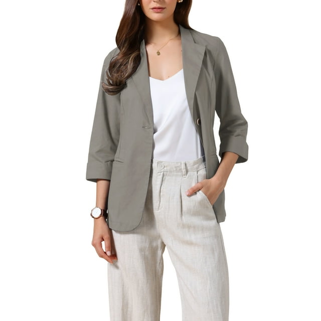 Blazers informales para mujeres, verano, chaqueta blazer de traje ligera de algodón y lino, manga 3/4, XL, gris
