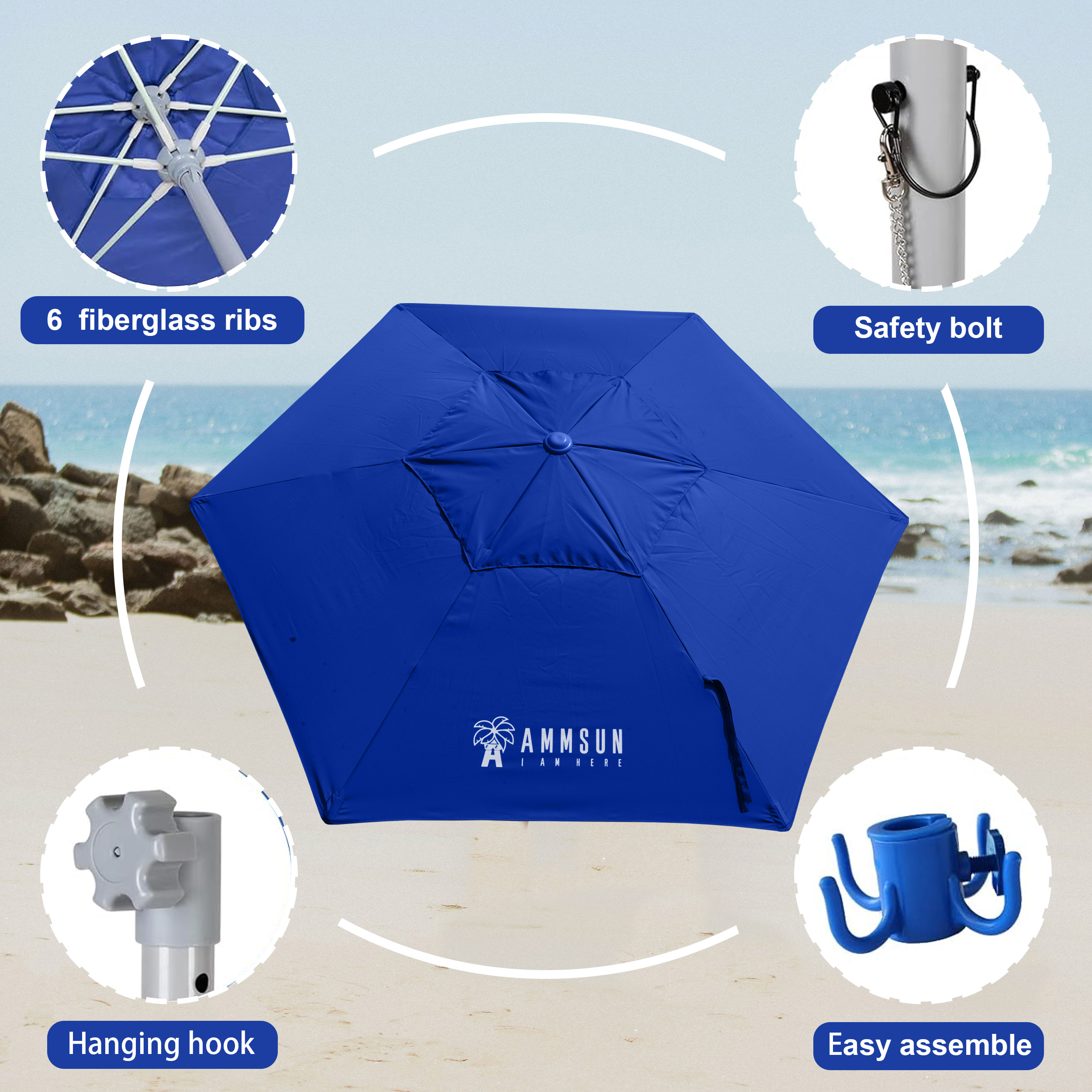 AMMSUN 8ft Commercial Heavy Duty Beach Umbrella with Sand Anchor UPF50+ Without Tilt,Blue