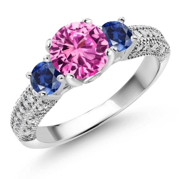 Gem Stone King 925 Sterling Silver Pink Created Sapphire Blue Created Sapphire and White Moissanite Engagement Ring for Women (2.24 Cttw, Gemstone September Birthstone, Round 7MM and 4MM, Size 8)