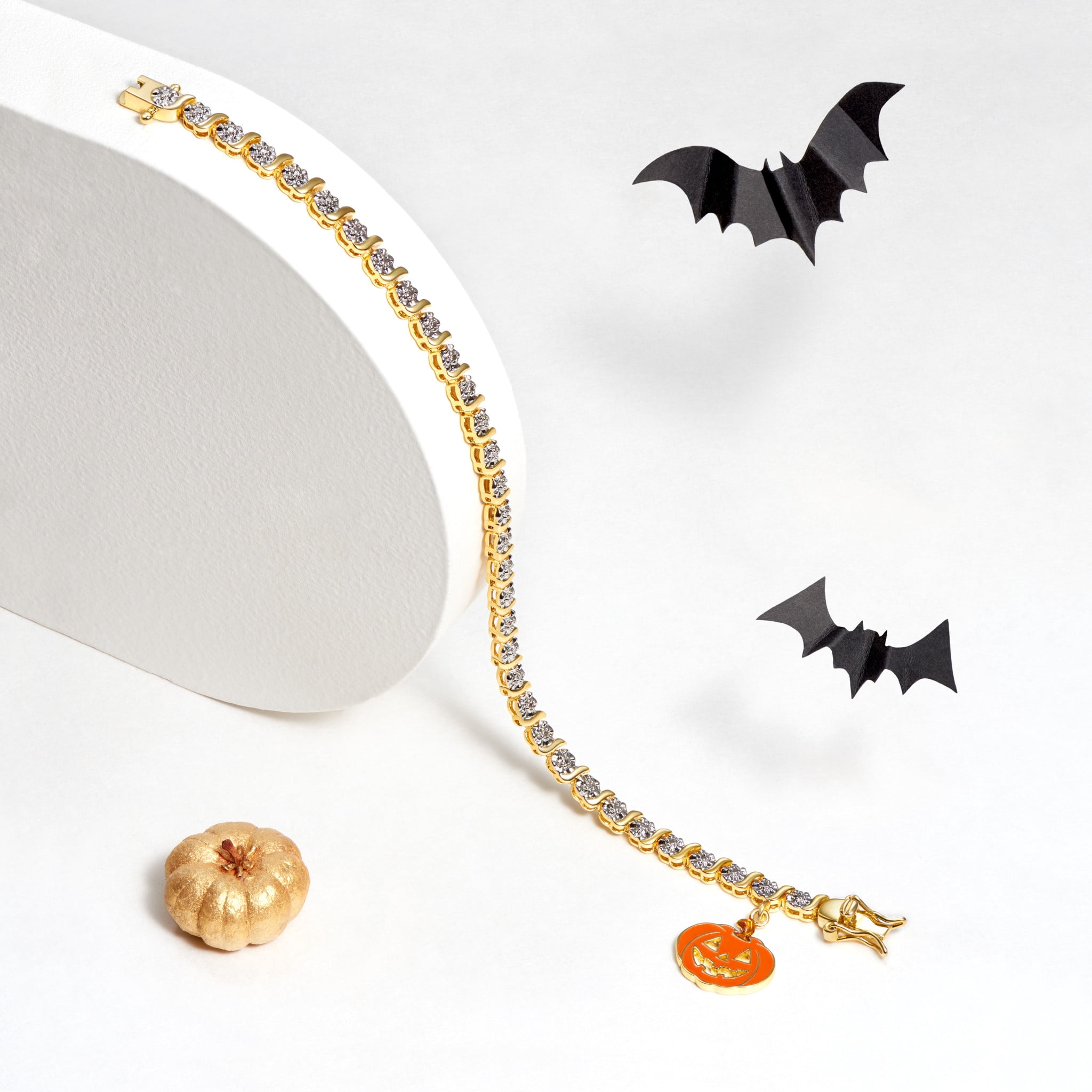 Fine Silver Plated Diamond Accent "S" Link Gold ToneTennis Bracelet With Enamel Halloween Pumpkin Charm 7.25"