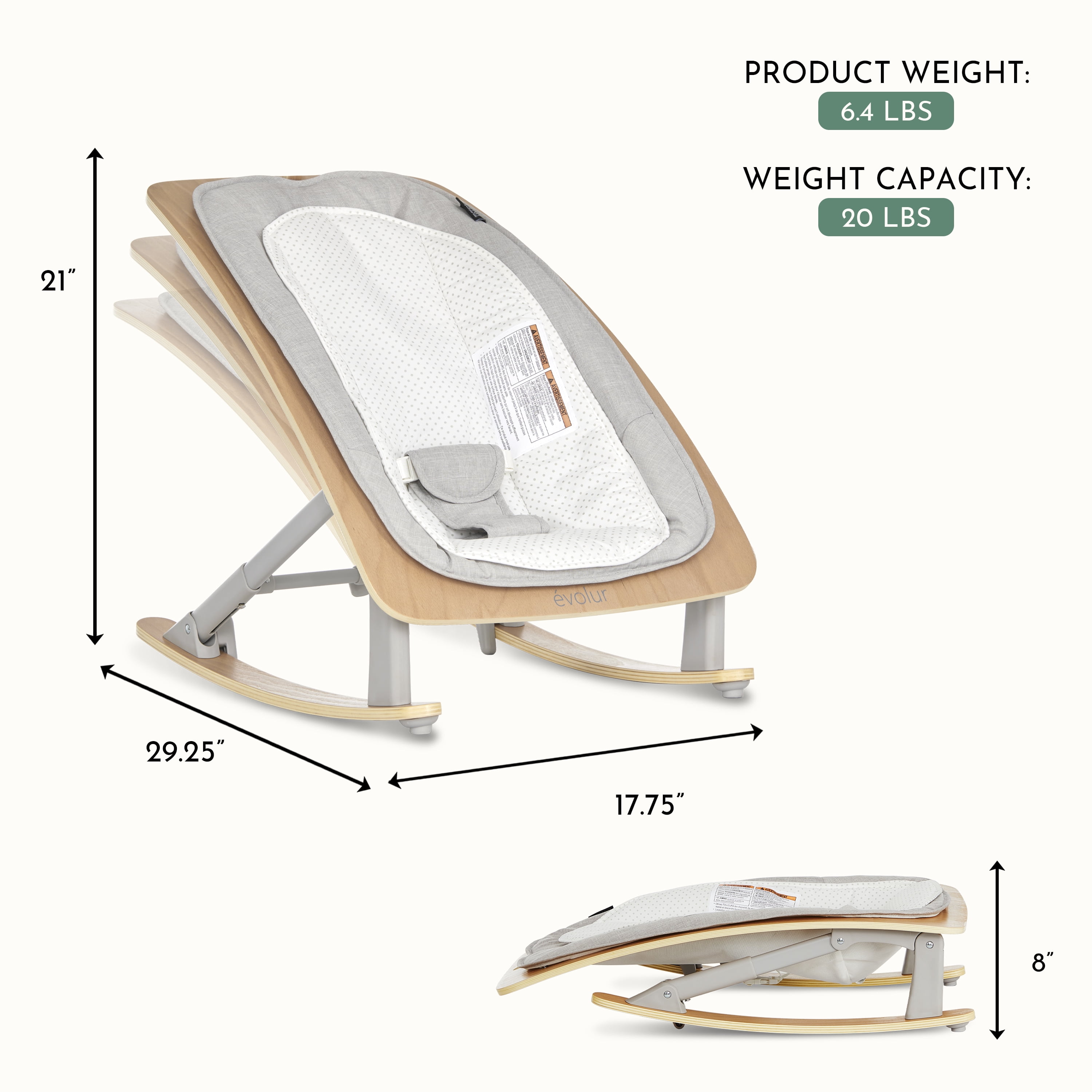 Evolur Tory 2-in-1 Rocker & Chair, Light Gray