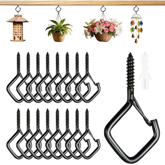 Heavy Duty Screw In Hooks with Safety Buckle, 2.2 IN Black Ceiling Hooks for & Outdoor String Lights, Windproof Eye Hooks for Christmas Lights, Cups, Bird Feeders (Black, 17 count)