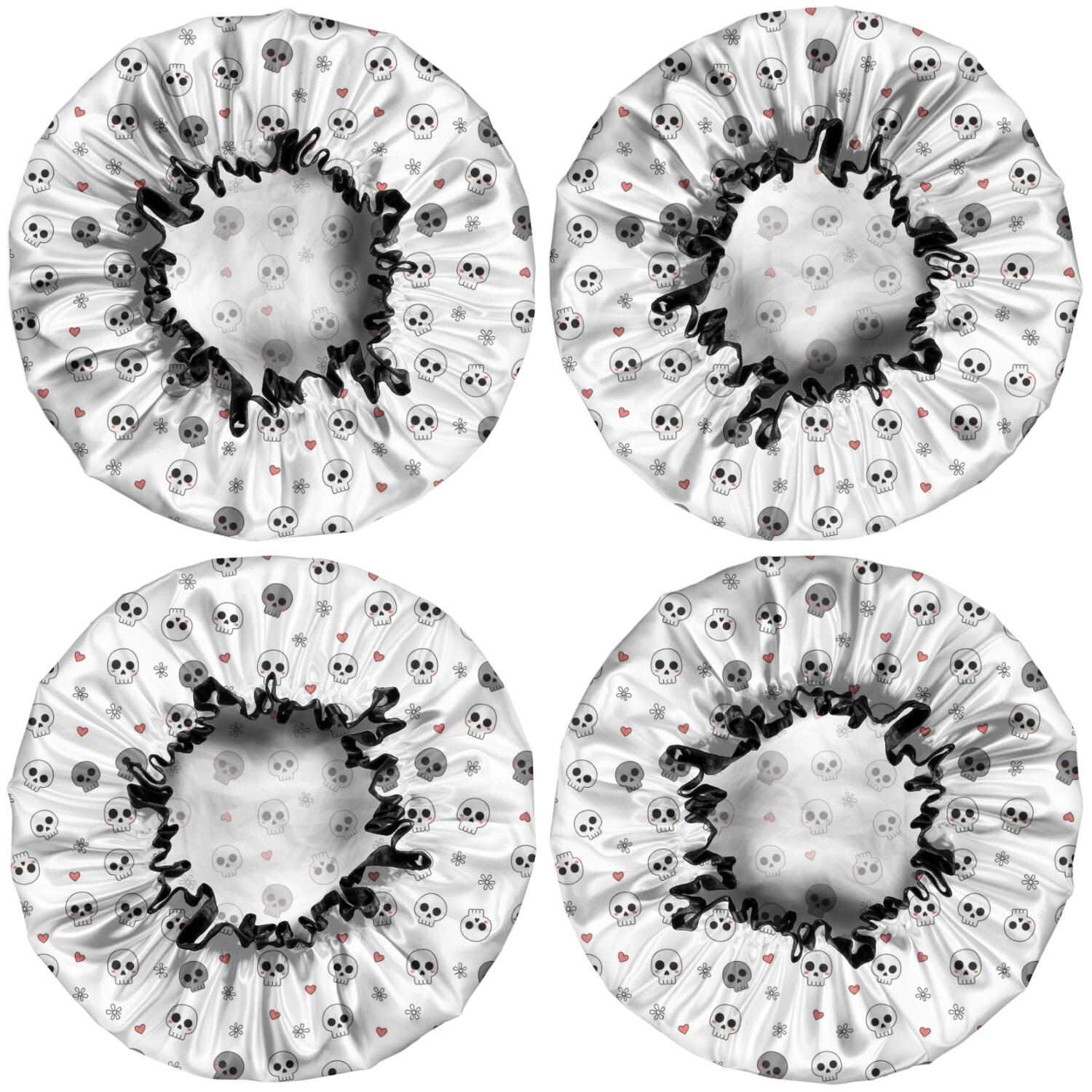 Shower Caps,White Skull Heart Flower Pattern Waterproof Shower Cap for Women 4 Pieces,Double Reusable Hair Cover for Shower PEVA Elastic Stretch Hem