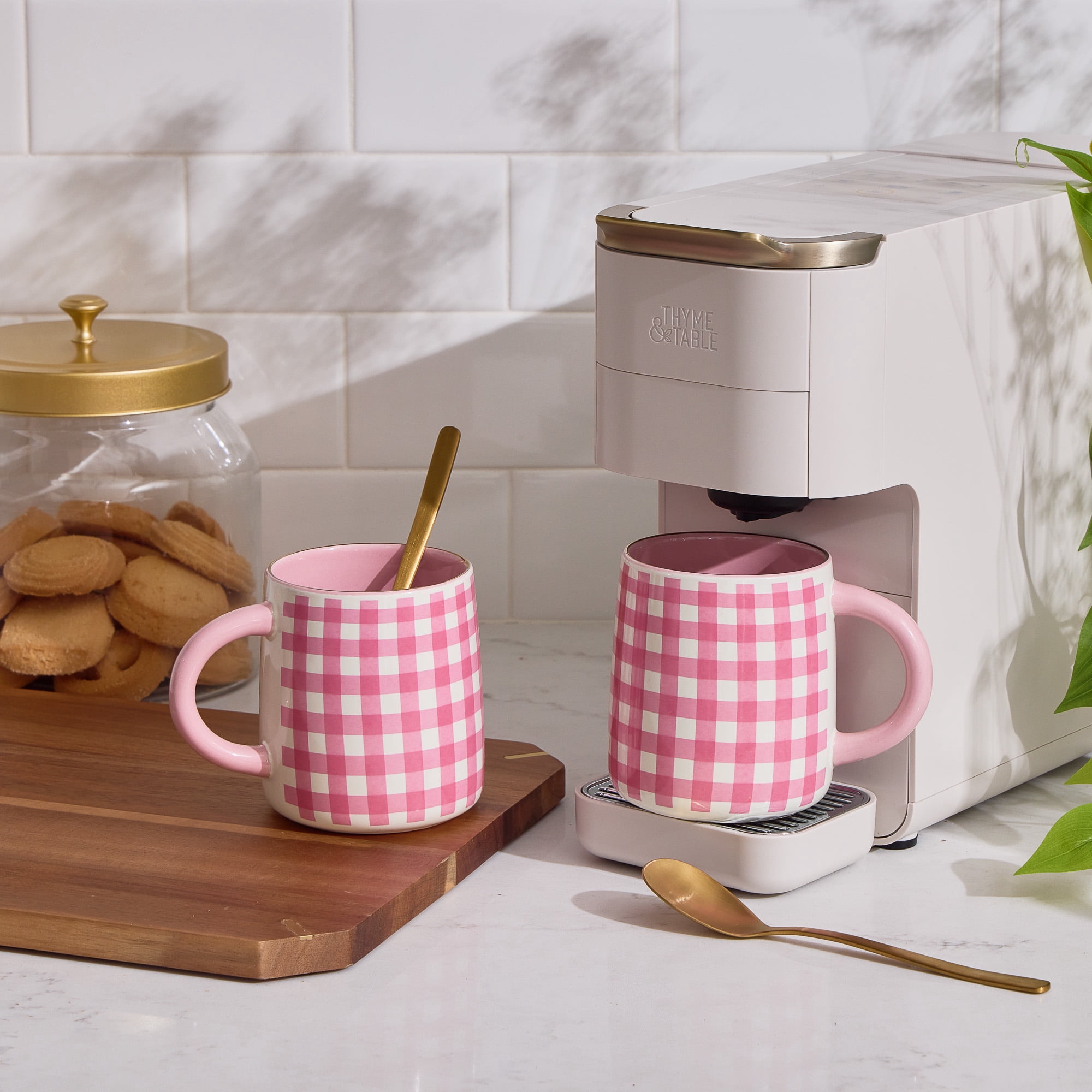 Thyme & Table 14.5 fl oz Pink Gingham Stoneware Mug, Set of 2