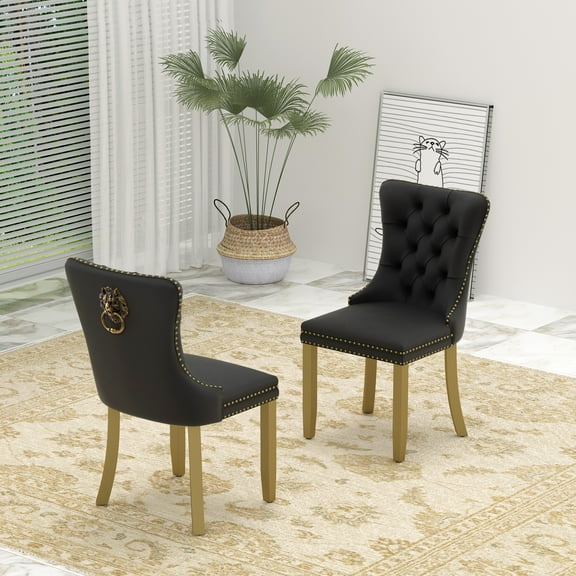 Sumdeal Mid-Century Modern Dining Chairs with Lion Head Pull Ring - High-End Tufted Velvet Upholstered Accent Chairs with Golden Legs & Nailhead Trim,Black,Set of 2