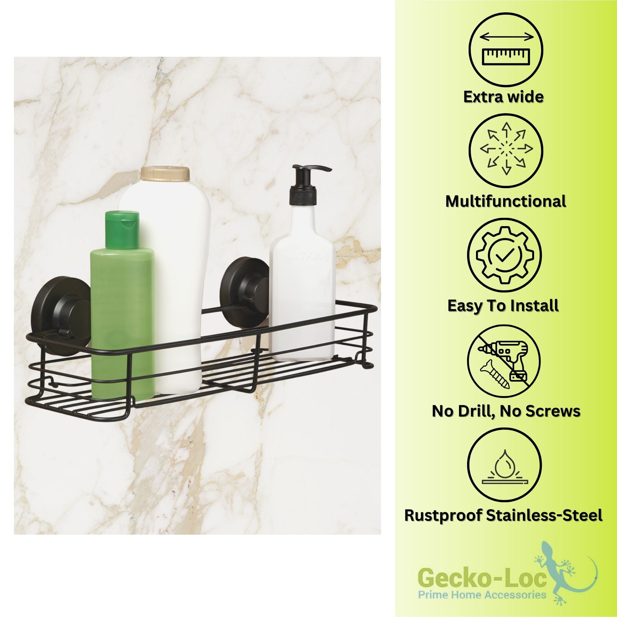Gecko-Loc Suction Cup Shower Caddy Bath Organizer – Bathroom Storage Basket  (Black, Wide) – Gecko-Loc