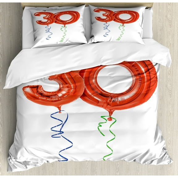 30th Birthday Duvet Cover Set, Red Colored Number Balloons with Swirl Ribbons Party Concept, Decorative 3 Piece Bedding Set with 2 Pillow Shams, Queen Size, Red Blue Green, by Ambesonne