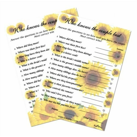 Sunflower Who Knows The Couple Best, Wedding, Bridal Shower, Bachelorette or Engagement Party Game, Couples Guessing Play Pack of 50 Cards 5”x7” Made in USA