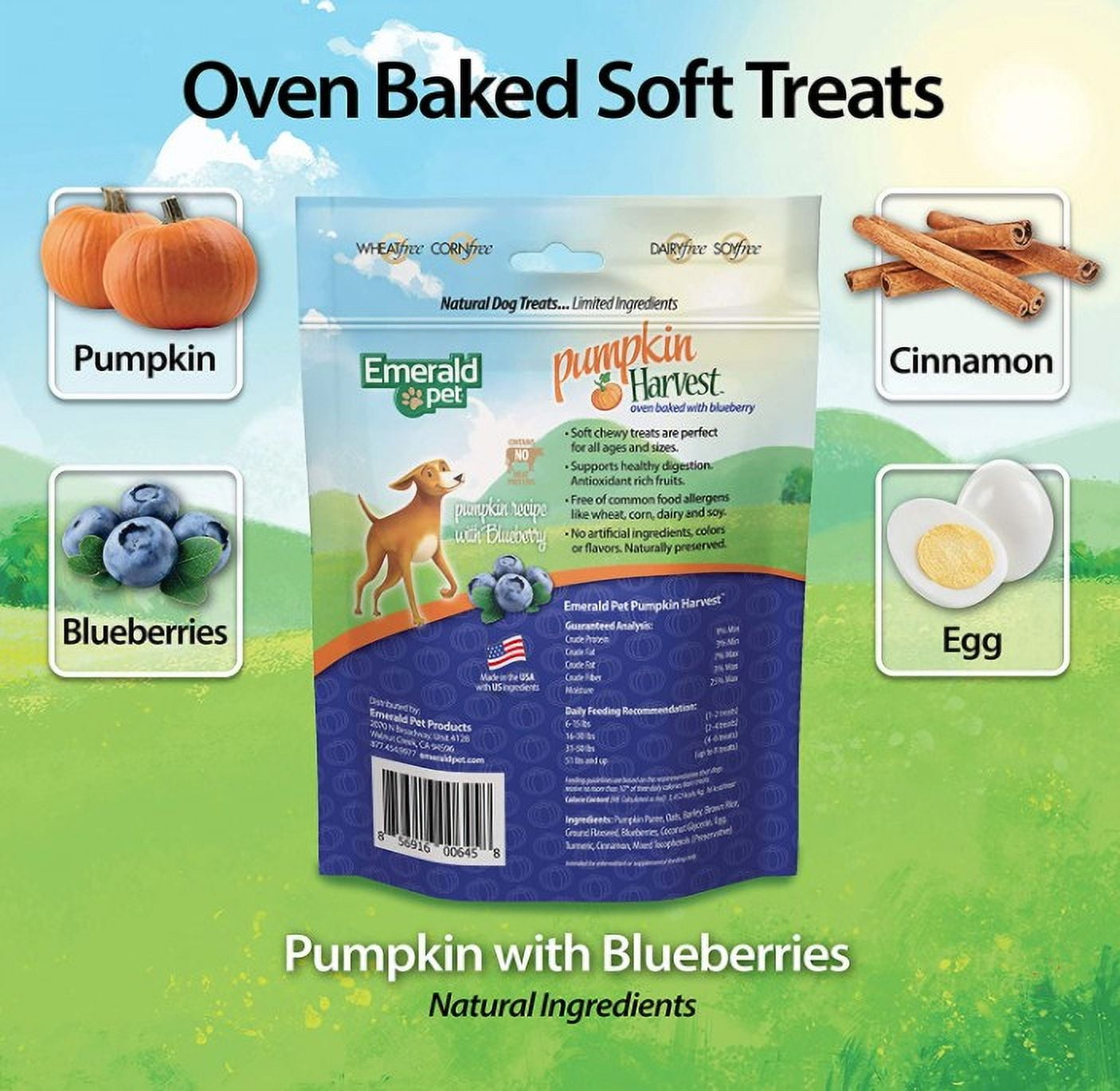4 Pack Emerald Pet Pumpkin Harvest Oven Baked Dog Treats with Blueberry [USA Dog Treats, Bulk Dog Supplies, Emerald Pet] 24 oz (4 x 6 oz)