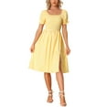 thumbnail image 1 of INSPIRE CHIC Robe Smockée pour Femme à Carreaux Vichy, Encolure Carrée, Manches Courtes, Décontractée, Jaune, TG, 1 of 5