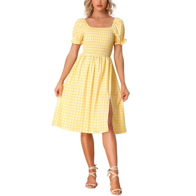 INSPIRE CHIC Robe Smockée pour Femme à Carreaux Vichy, Encolure Carrée, Manches Courtes, Décontractée, Jaune, TG