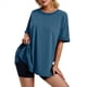 thumbnail image 2 of Camiseta Holgada de Algodón de Color Liso con Cuello Redondo y Aberturas Laterales, Talla XXL, Azul, 2 of 6