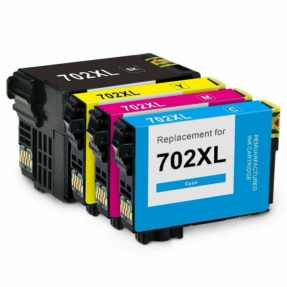 4PK High-Yield BCMY Ink Cartridge (with Chip) for Epson 702XL T702XL - Fits Epson WF-3720 3720DWF 3730