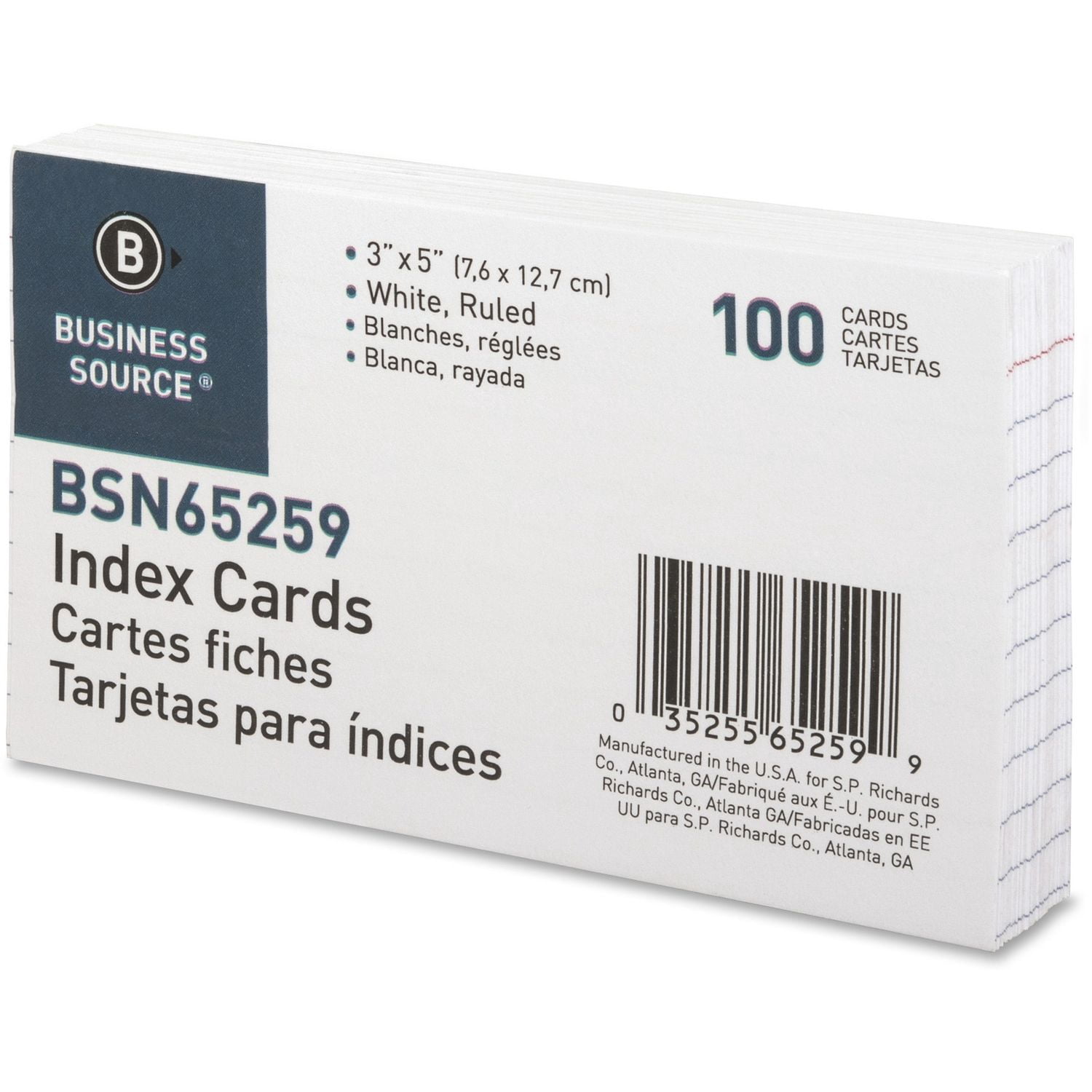 10Pc Business Source Ruled White Index Cards 5" Width x 3" Length, 100 / Pack