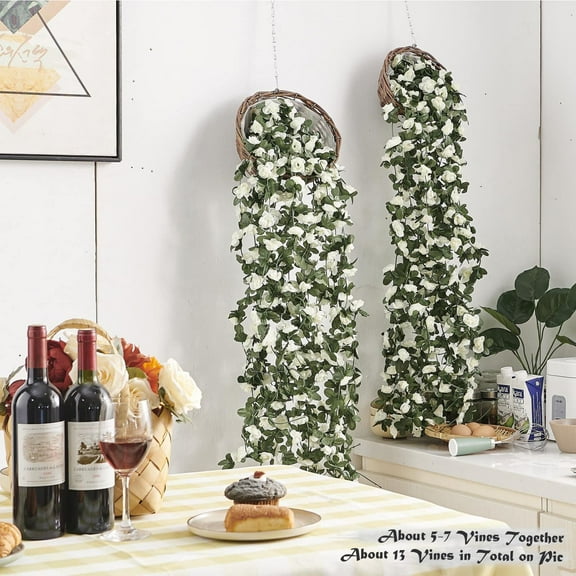 4 Pcs 30FT Flower Garland, Artificial Rose Vines Flowers with Green Leaves, Hanging Fake Plants Outdoor Garland for Room Anniversary Wedding Birthday Christmas Wall Arch Decor, Spring White