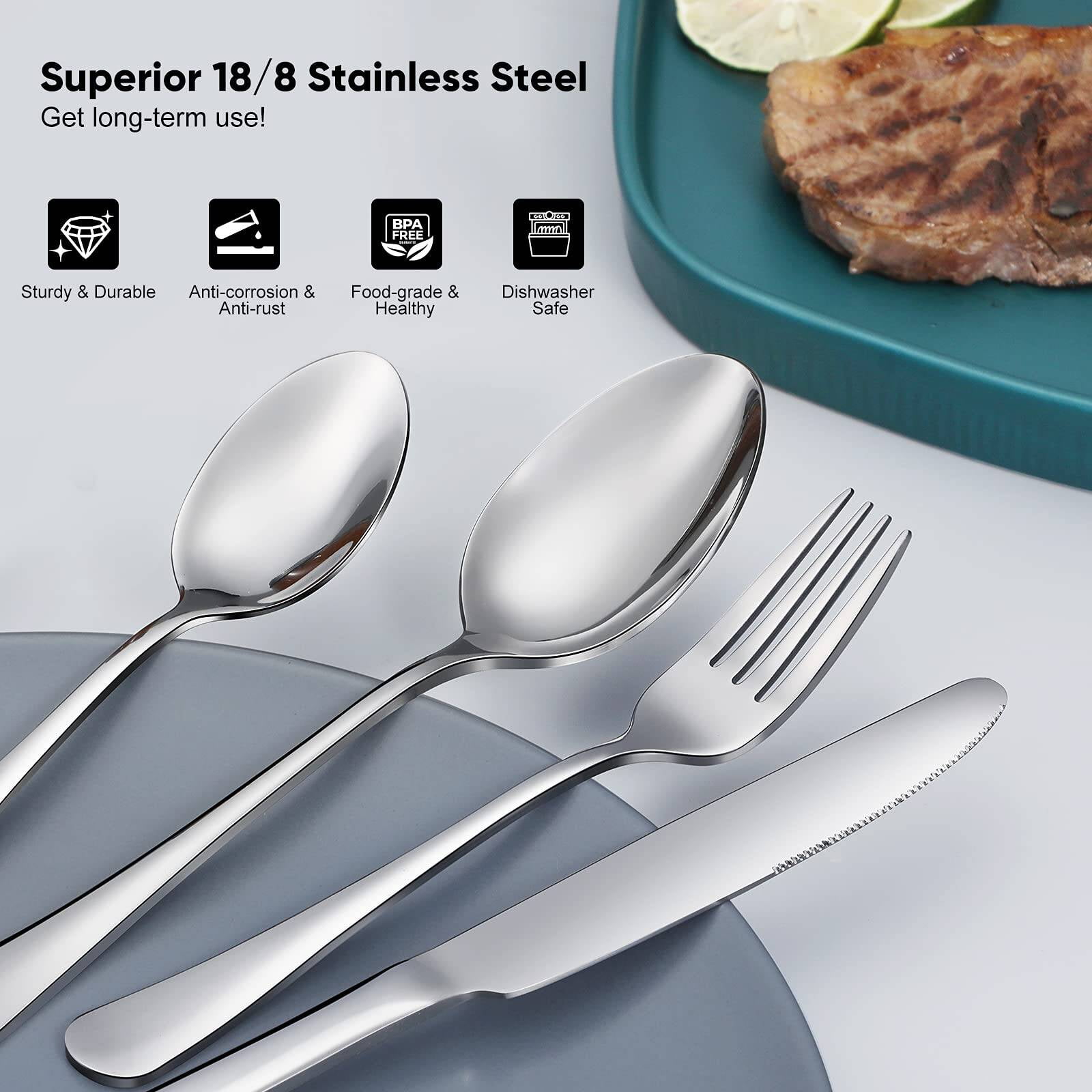 HUNNYCOOK 48 Piece Silverware Set with Steak Knives, Stainless Steel Flatware  Cutlery Set For Home Kitchen Restaurant Hotel, Forks and Spoons Set Service  for 8, Mirror Polished, Dishwasher Safe 