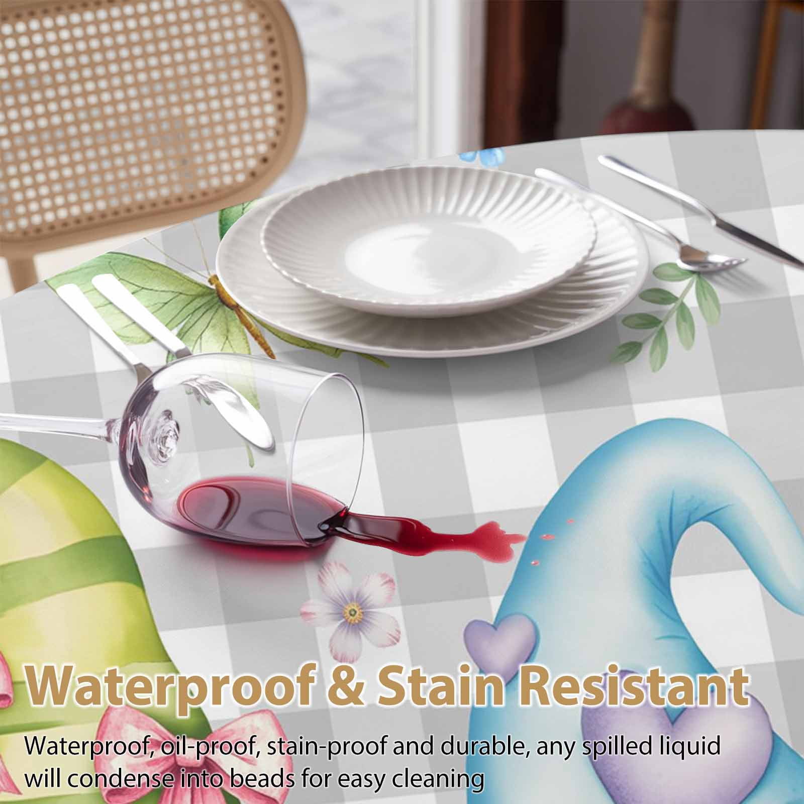 Round Tablecloth Spring Gnomes Easter Waterproof Oil Proof Polyester Table Cloth Cover Decor for Home Dining Outdoor,Patio,Parties, 54" Dia. Flowers Butterflies Grey Plaid