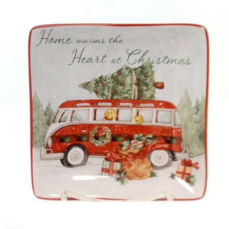 Tabletop HOME FOR CHRISTMAS CANAPE PLATE Ceramic Puppy Dog Tree 22791 Bus