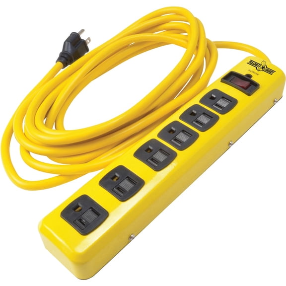 Southwire Yellow Jacket Metal Surge Protector Strip - 15-Foot SJT Cord - Heavy Duty Workshop Power Strip - Surge Protector Strip - Yellow Cord Surge Bar - 6 Outlets