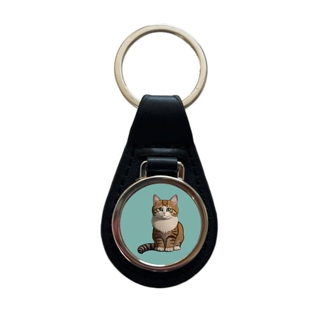 Munchkin Cat Sitting Metal Black Leather Keychain