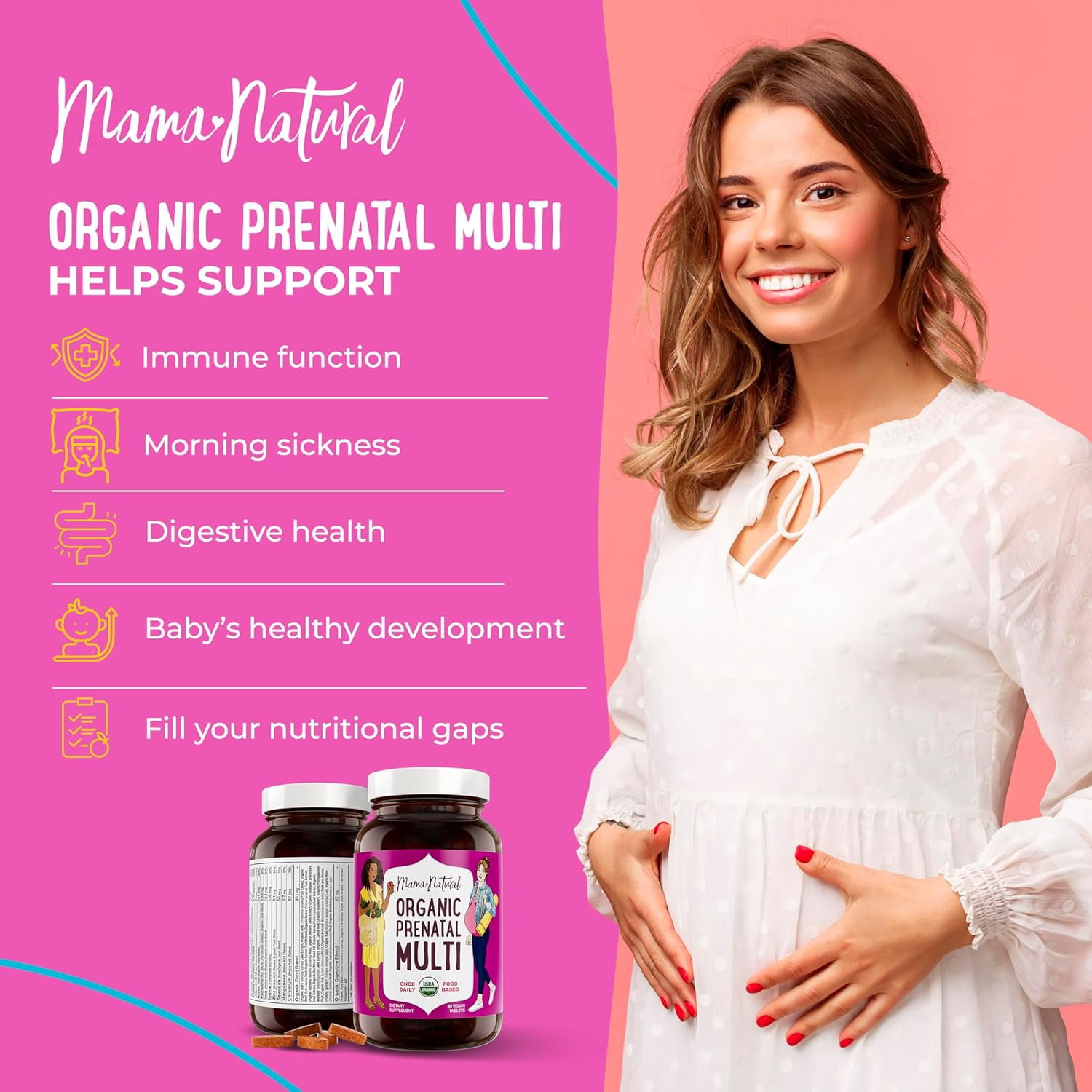 Mama Natural Organic Prenatal Vitamins for Women Vegan (30 Servings) | One A Day Prenatal Vitamins for Pregnant Women | Food Based, Non-GMO & Gluten-Free - Pre Natal Multivitamin with Folate