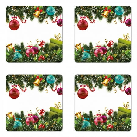 

Christmas Coaster Set of 4 Snowy Winter Xmas Time Happy New Year Greeting Presents Bells Leaves Garland Square Hardboard Gloss Coasters Standard Size Multicolor by Ambesonne