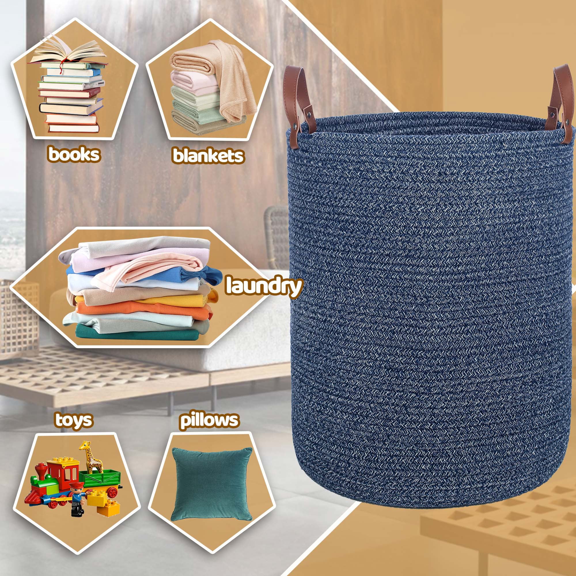 Caroeas XXXL Extra Large Rope Basket, 16''x20'' Woven Storage Basket with Leather Handles, Blanket Basket for Living Room, Tall Nursery Basket, Storage Organizer, Blue