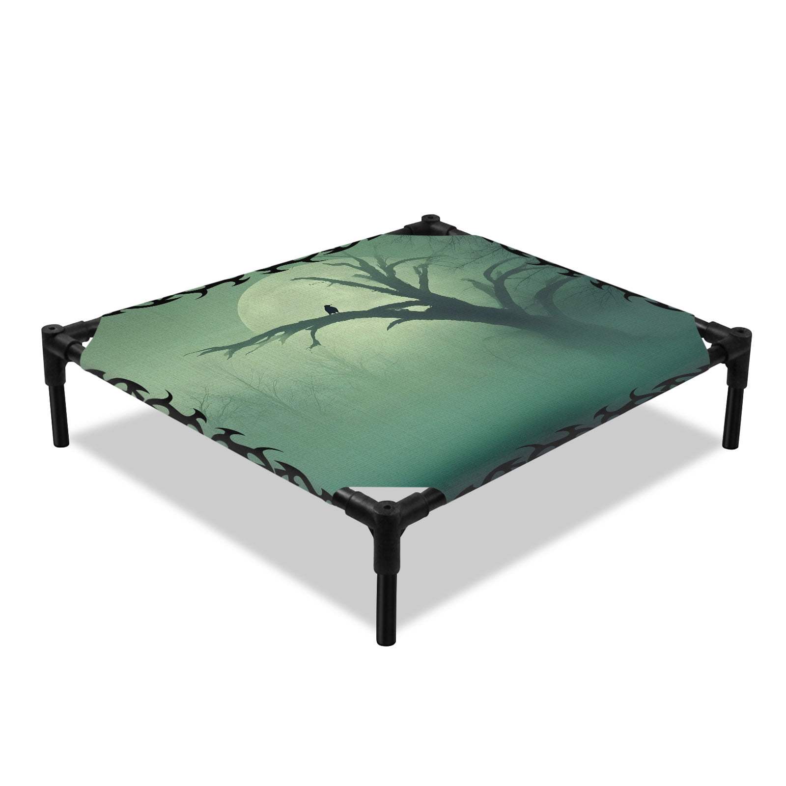Crow Bare Tree Elevated Dog Bed Goth Green Foggy Forest Full Moon Cooling Breathable Outdoor Raised Dog Cot Bed with Metal Frame Non-Slip Feet for Small Dog 20x20in