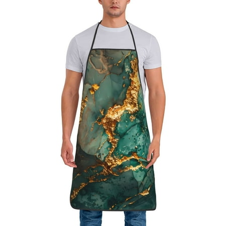 

Xecao Emerald Color Gold Marble Print Funny BBQ Chef Aprons for Men Women Adjustable Kitchen Cooking Aprons with Pocket Waterproof Oil Proof No Pilling Fading