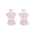 thumbnail image 3 of Aojekbee Girls Summer 3PCS Shorts Sets Short Sleeve Crewneck Floral Checkerboard Print Tops Shorts Headband Sets, 3 of 10