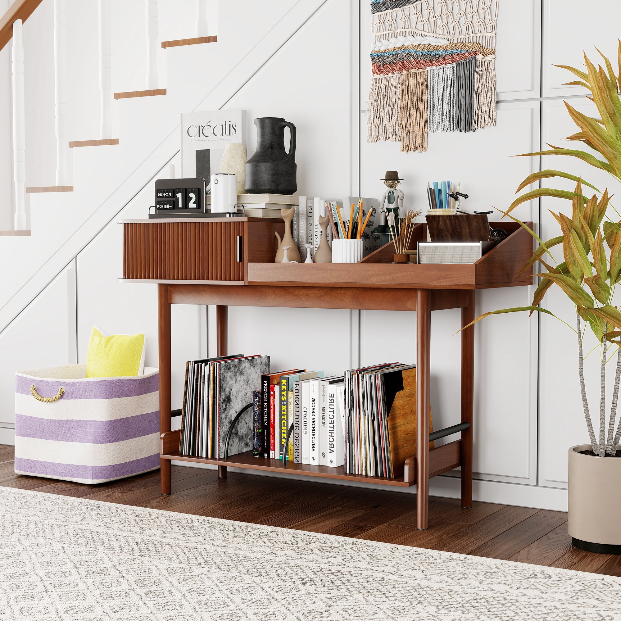 Console Table with Fluted Sliding Door, Mid Century Modern Entryway Table with Storage Shelf, Display Shelf for Hallway Living Room, Walnut
