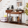 thumbnail image 4 of Console Table with Fluted Sliding Door, Mid Century Modern Entryway Table with Storage Shelf, Display Shelf for Hallway Living Room, Walnut, 4 of 12