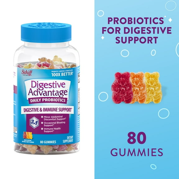 Digestive Advantage Daily Probiotics For Women And Men, Gut Health, Natural Fruit Flavors, 80 Gummies