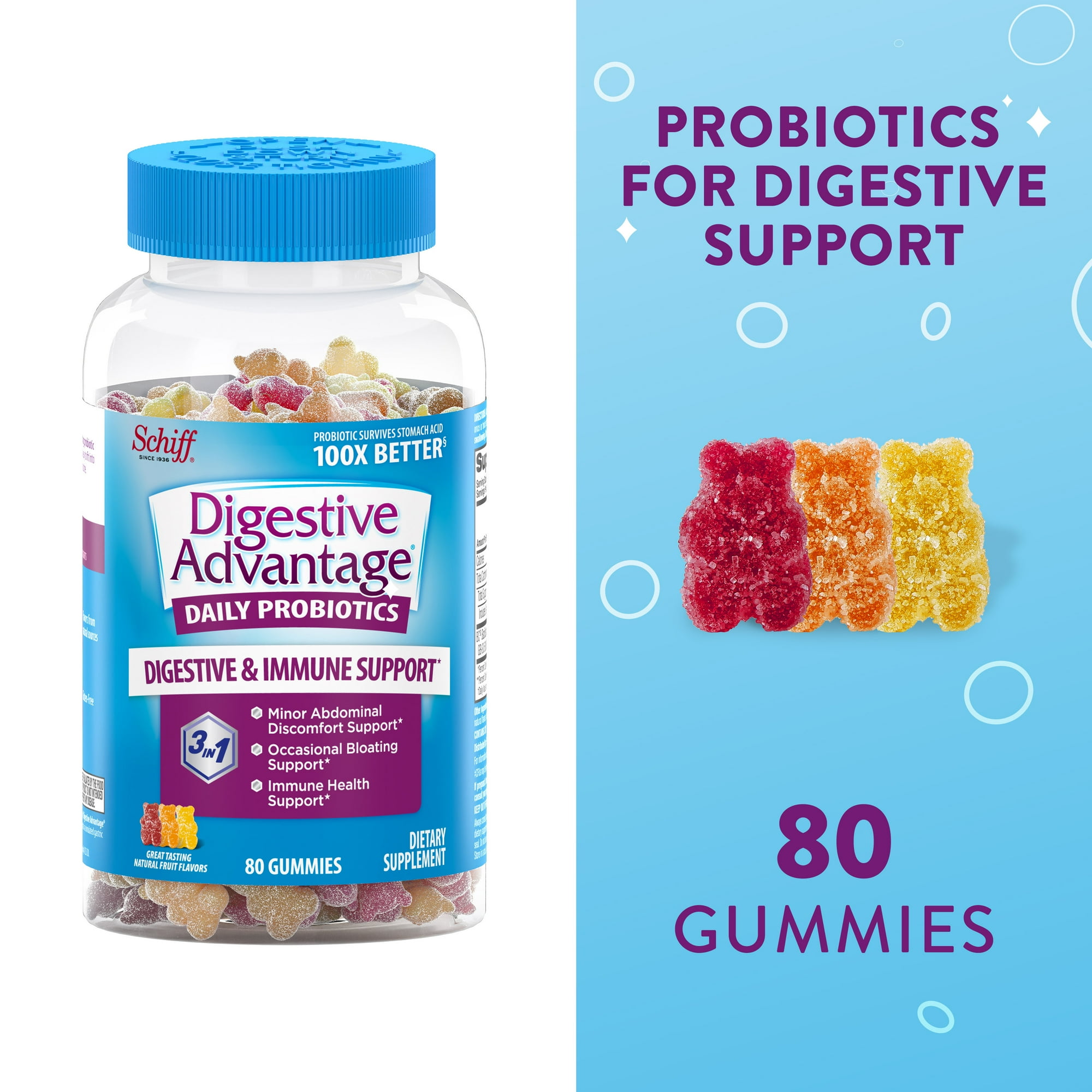 (2 pack) Digestive Advantage Daily Probiotics For Women And Men, Gut Health, Natural Fruit Flavors, 80 Gummies