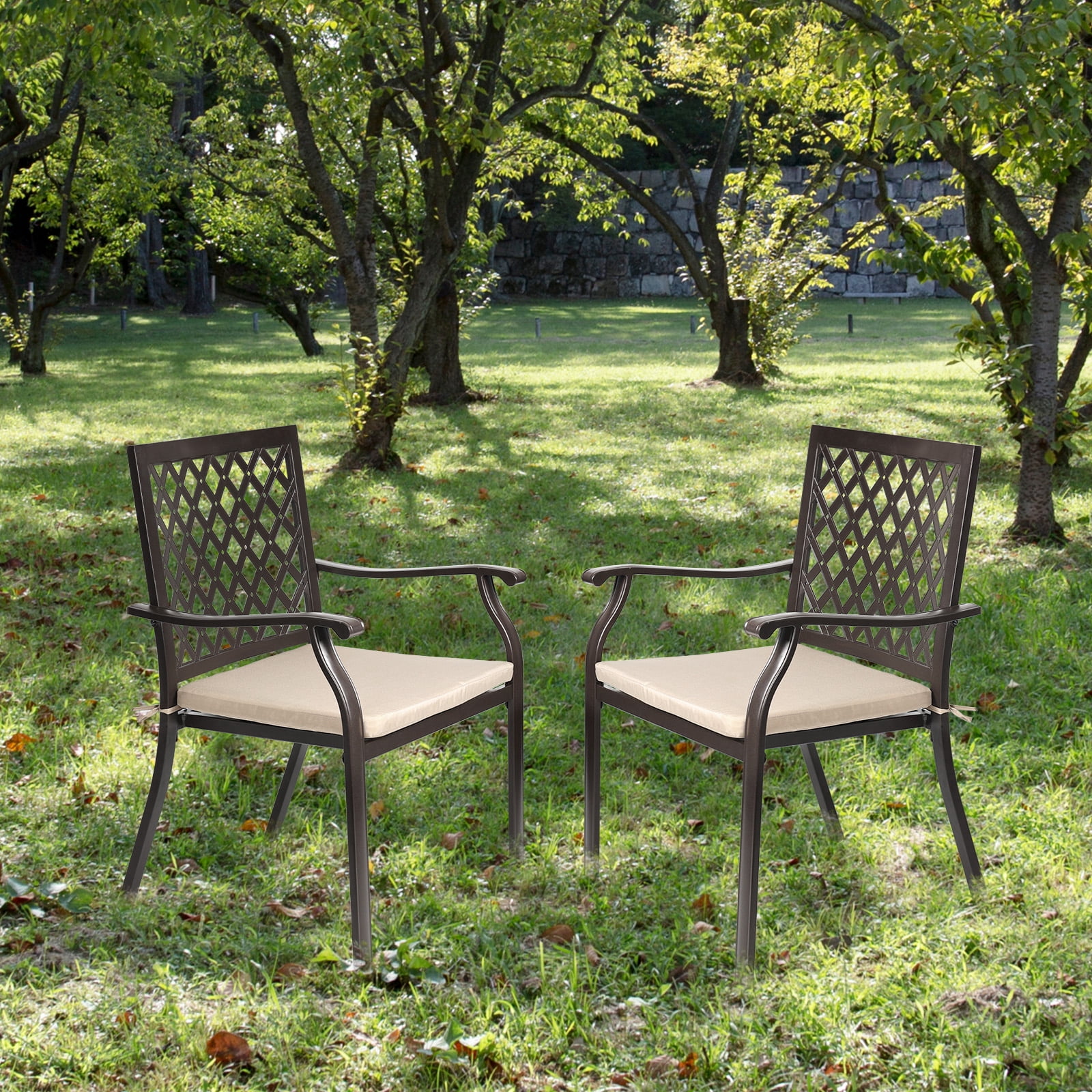 Aoodor Patio Outdoor Dining Chairs Set of 2, Stackable Metal Chairs with Armrests and Cushions for Lawn, Garden, Yard