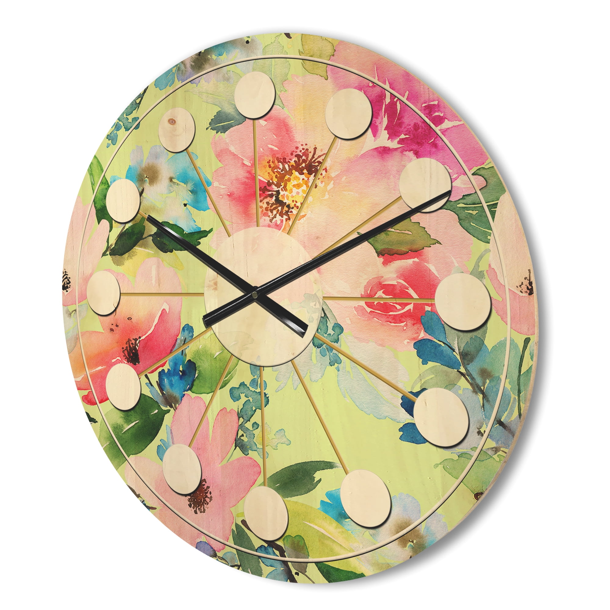 Designart 'Botanical Floral Retro IV' Mid-Century Modern Wood Wall Clock