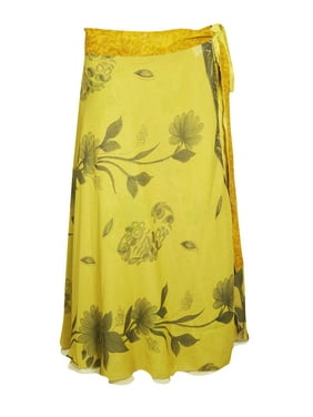 Mogul Women Yellow Green Silk Sari Wrap Skirt Two Layer Vintage Printed Beach Bikini Cover Up Resort Wear Sarong Dress