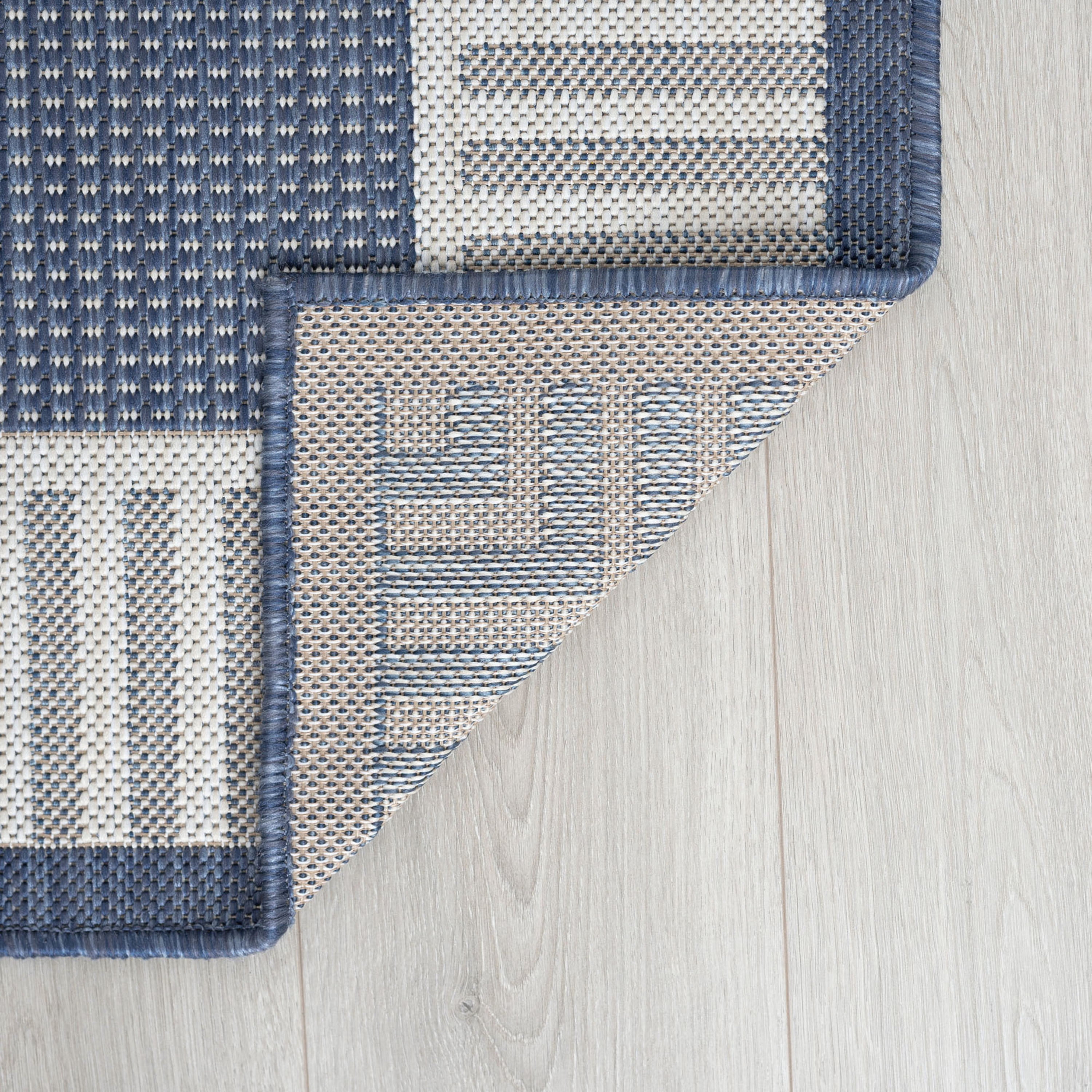 4x6 Water Resistant, Indoor Outdoor Rugs for Patios, Front Door Entry, Entryway, Deck, Porch, Balcony | Outside Area Rug for Patio | Navy, Striped Border | Size: 4' x 5'3''