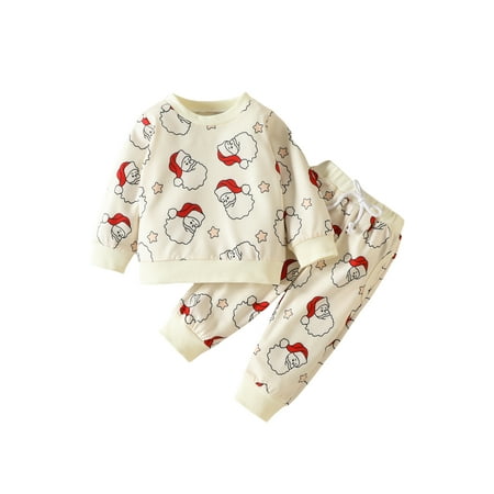 

Sunisery 2Pcs Toddler Baby Boys Girls Christmas Outfits Long Sleeve Santa Claus Print Pullover + Drawstring Pants Apricot 3-6 Months