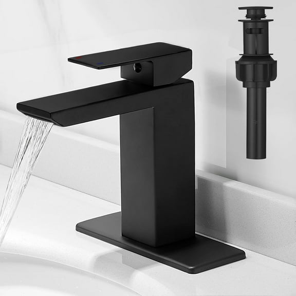 Matte Black Bathroom Faucets Set with Pop Up Drain Single Handle Bathroom Sink Faucet 1 & 3 Hole Waterfall Spout Vanity Faucet Kit with Deck Plate Rv Lavatory Basin Faucet, Stainless Steel