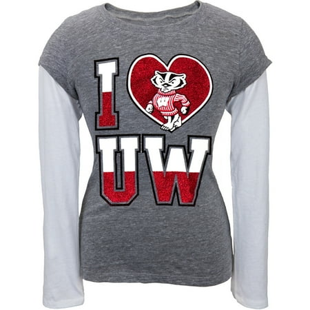 Wisconsin Badgers Soft Football - Wisconsin Badgers - Glitter Heart Girls Juvy Soft 2fer Long Sleeve T-Shirt