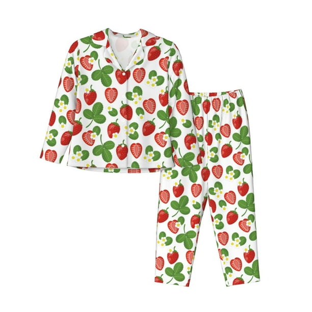 Balery Strawberry Conjunto de Pijama con Estampado para Mujer, Conjunto de Dos Piezas con Manga Larga, Ropa de Dormir Suave con Bolsillos, Pijamas Cómodos-Medium
