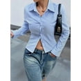 thumbnail image 4 of Camisa Corta A Rayas con Botones y Larga Ajustada para Mujer, Blusa de Trabajo Azul XXL, 4 of 10