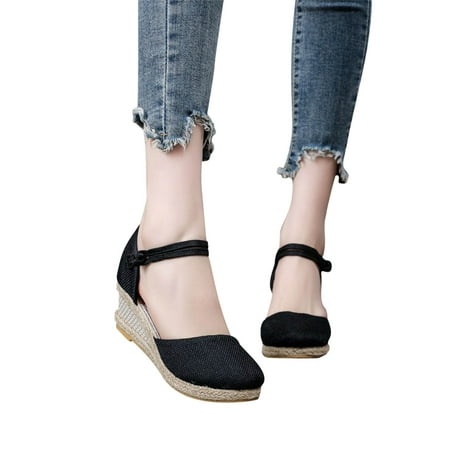 

LWVITH Womens Wedge Sandals Espadrille Platform Sandals Comfortable Lightweight Open Toe Ankle Strap Sandals Clearance( Black 7.5）