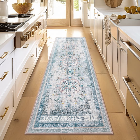 Area Vintage Boho Rugs for Living Room, Machine Washable Area Rugs with Non-Slip Backing, Indoor Rug Vintage Bohemian Area Rug Home Decor, Room Decor, 2 x 6 ft, Blue, 1 Pack